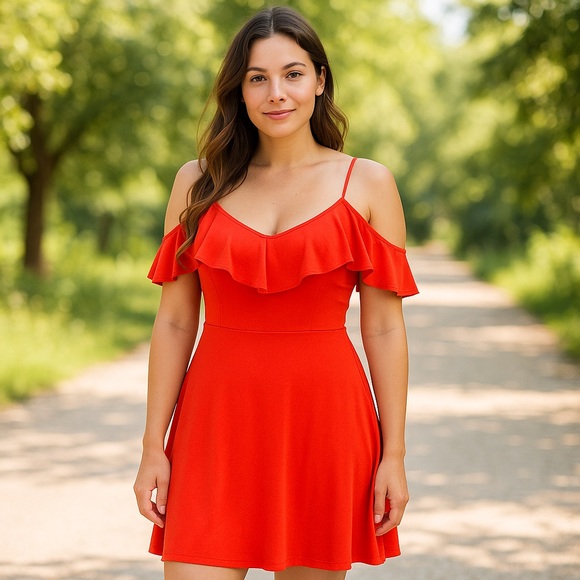 Express Red Ruffle Cold Shoulder Mini Dress M NWT - Picture 1 of 7